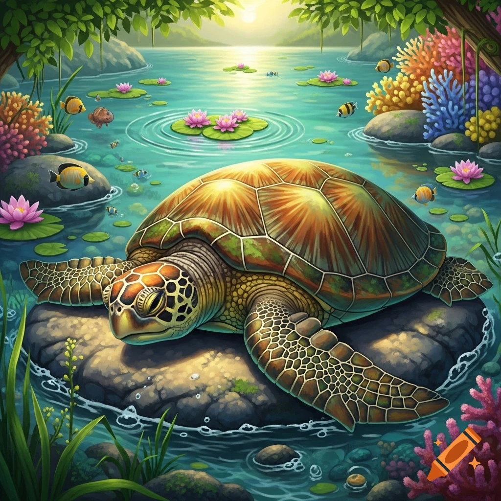 A vibrant illustration of a sea turtle resting on a rock in clear water with lily pads and colorful coral.