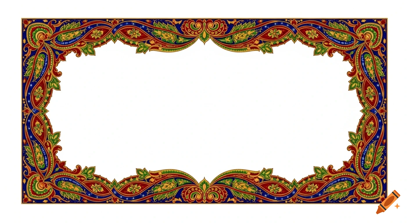 An ornate Indian-style rectangular border with floral and paisley motifs in deep red, gold, green, and royal blue.