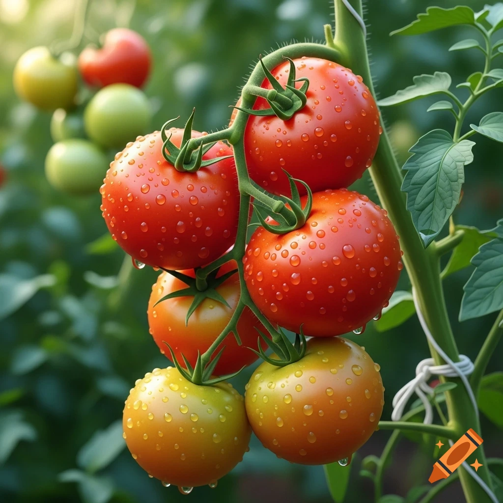 Close-up of red and ripening yellow-green tomatoes on a vine, covered in water droplets, in a photorealistic style.