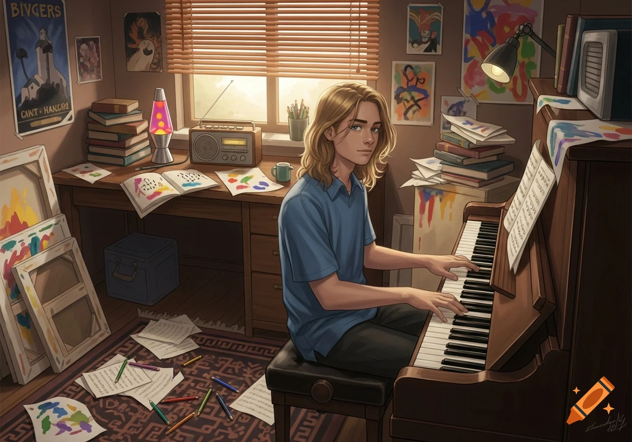 An illustration of a young person with long blonde hair playing a piano in a messy, art-filled room with a lava lamp and scattered papers.