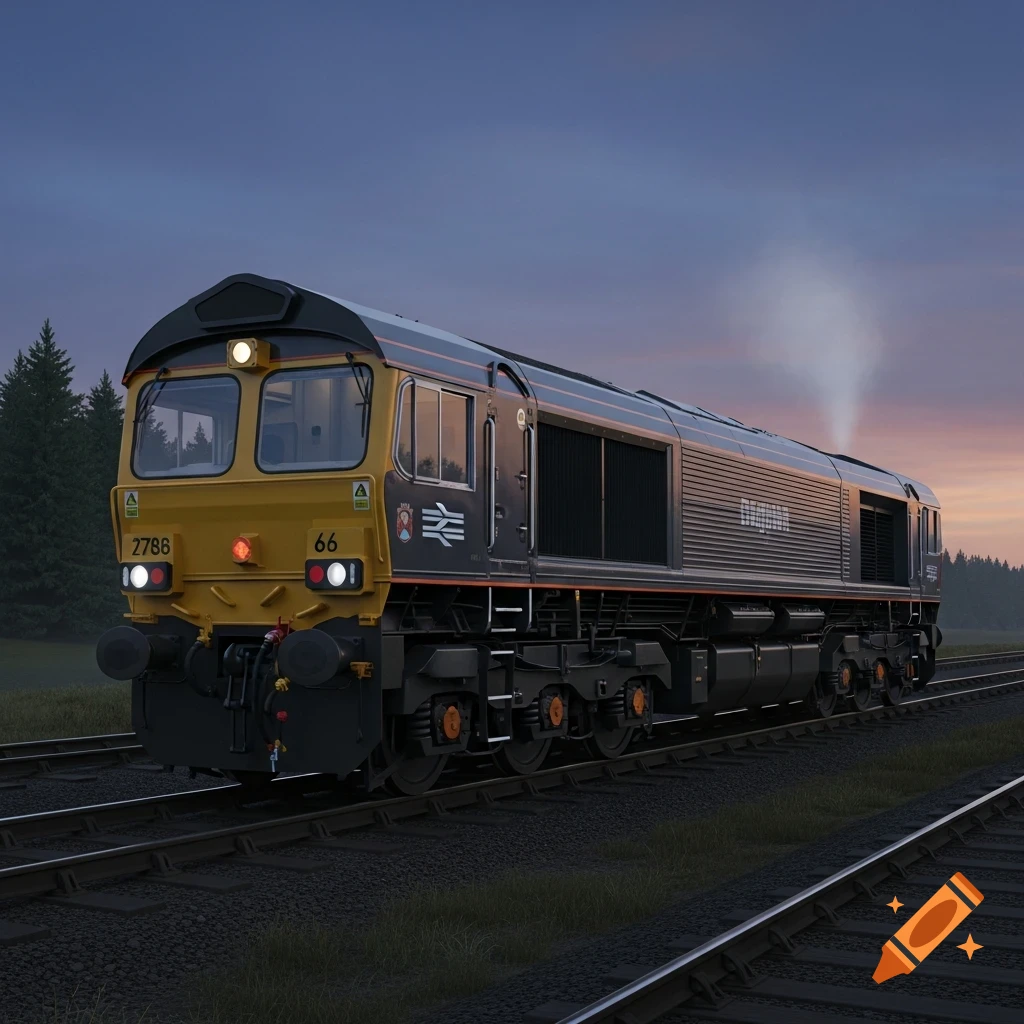 A photorealistic class 66 diesel locomotive on tracks at dusk, with trees in the background.
