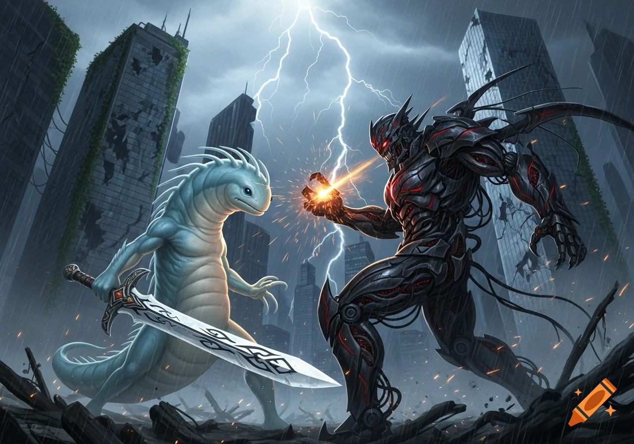 A light blue planaria-like creature with a sword fights a dark armored robot in a ruined city under a stormy, lightning-filled sky.