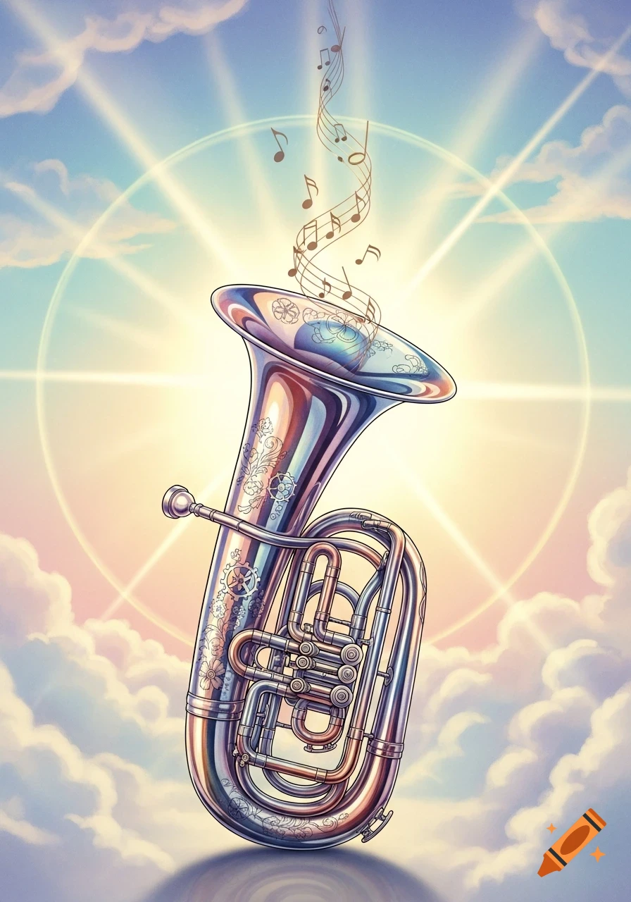 A vibrant illustration of a tuba/euphonium floating in a bright sky with clouds and sunrays, emitting musical notes.