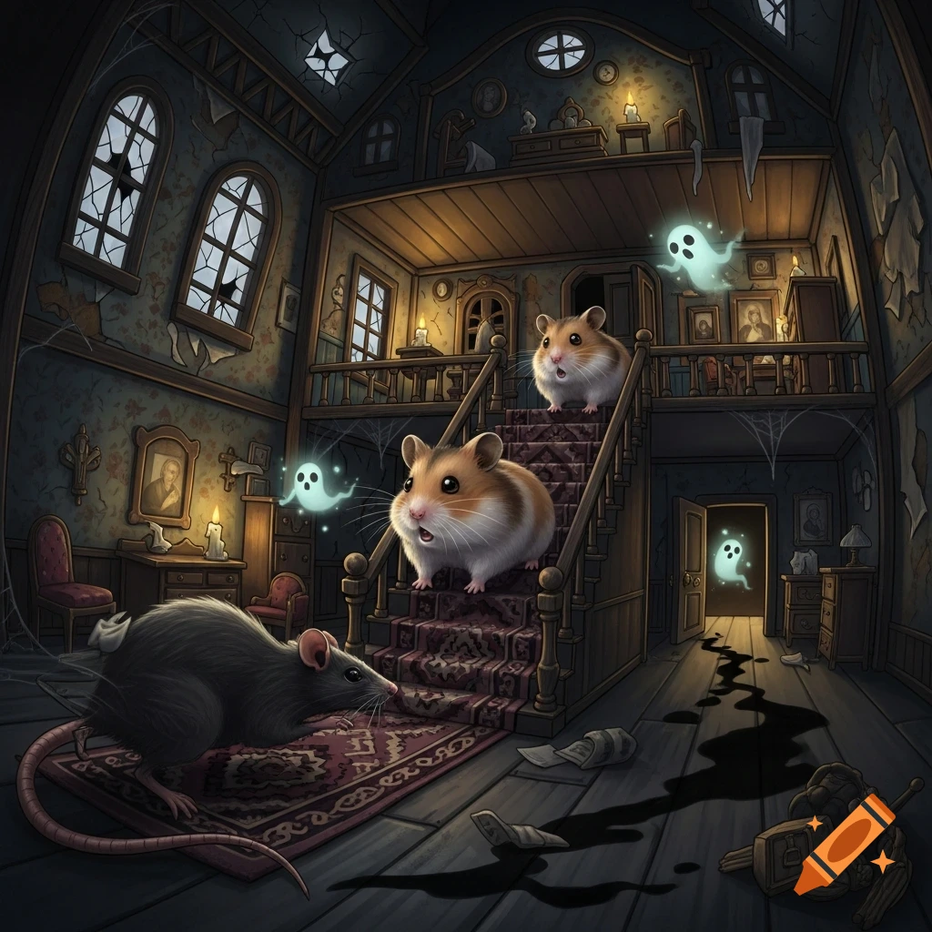Cartoon illustration of two hamsters on a staircase, surprised by a rat on a rug, with glowing ghosts in a spooky haunted house.