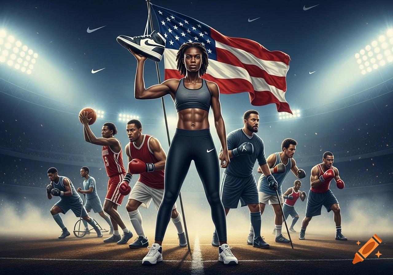 An African American female athlete holds up a Nike shoe in a stadium with an American flag, surrounded by diverse athletes.