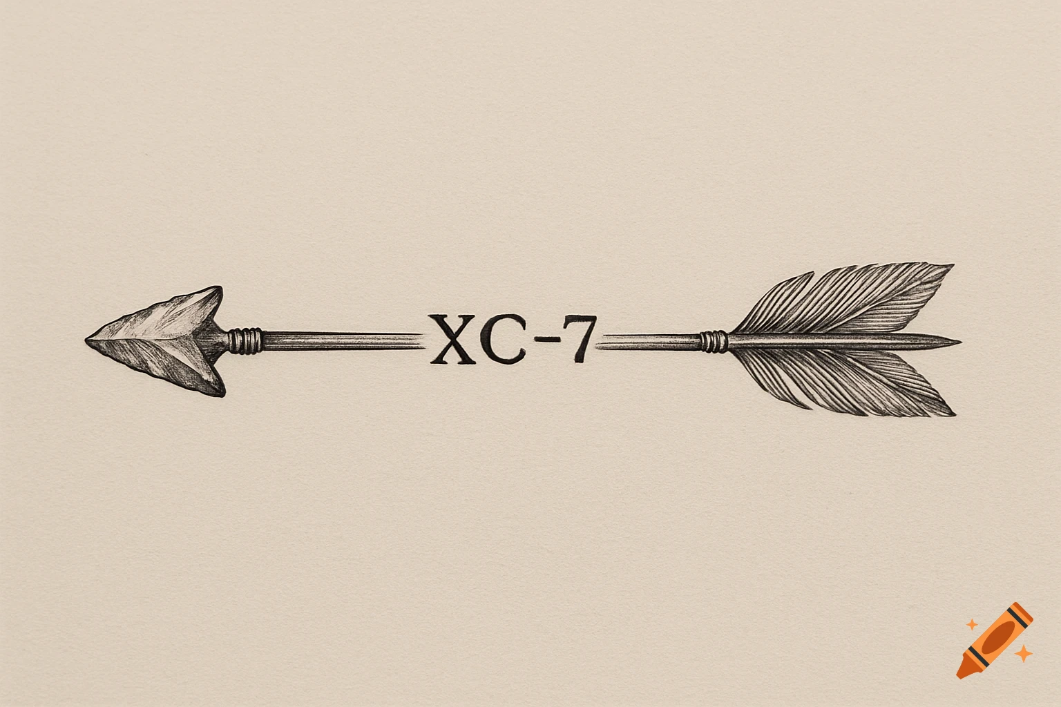 Fine line illustration of a horizontal Native American arrow with 'XC-7' on its shaft, on a plain background.