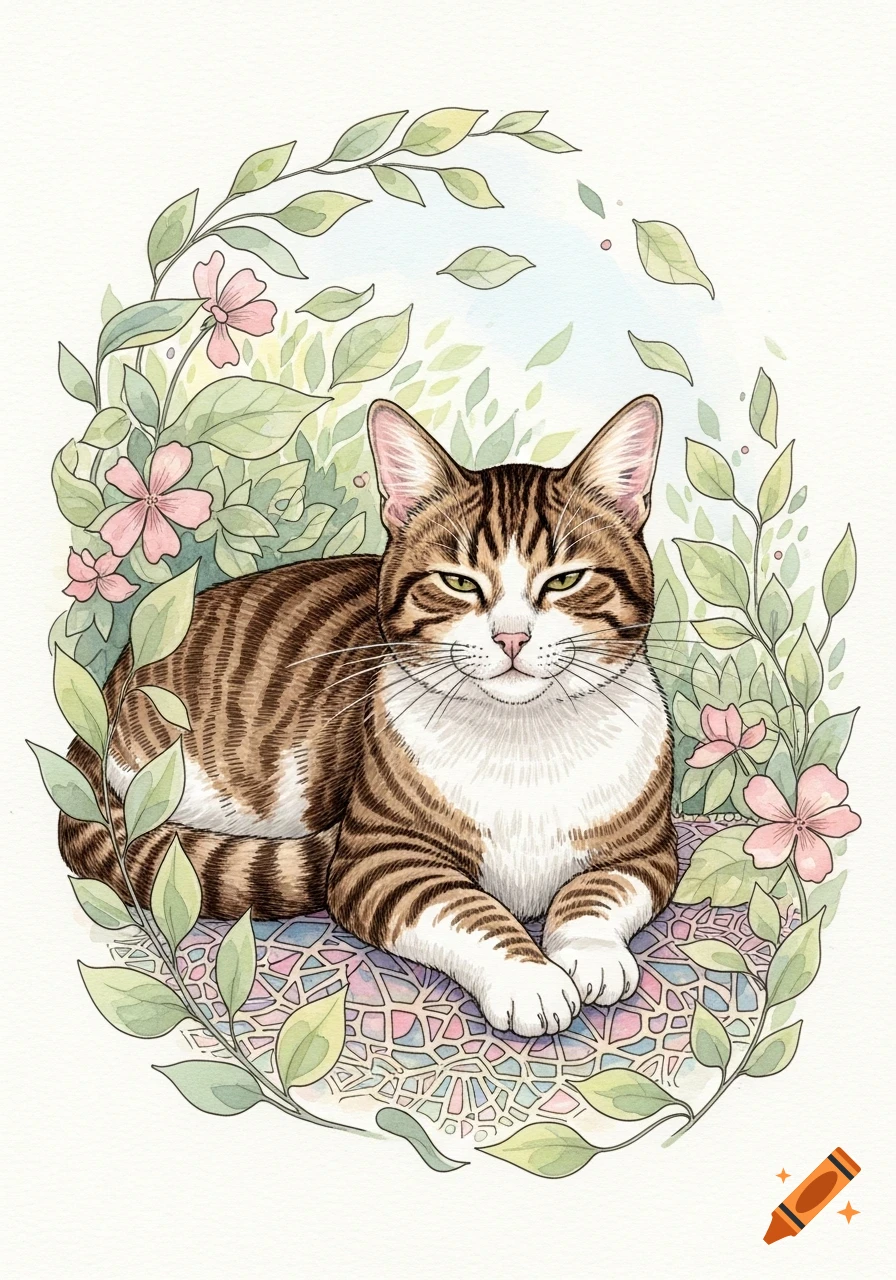 Brown and white tabby cat rests on a patterned surface, surrounded by green leaves and pink flowers, in an ink and watercolor style.