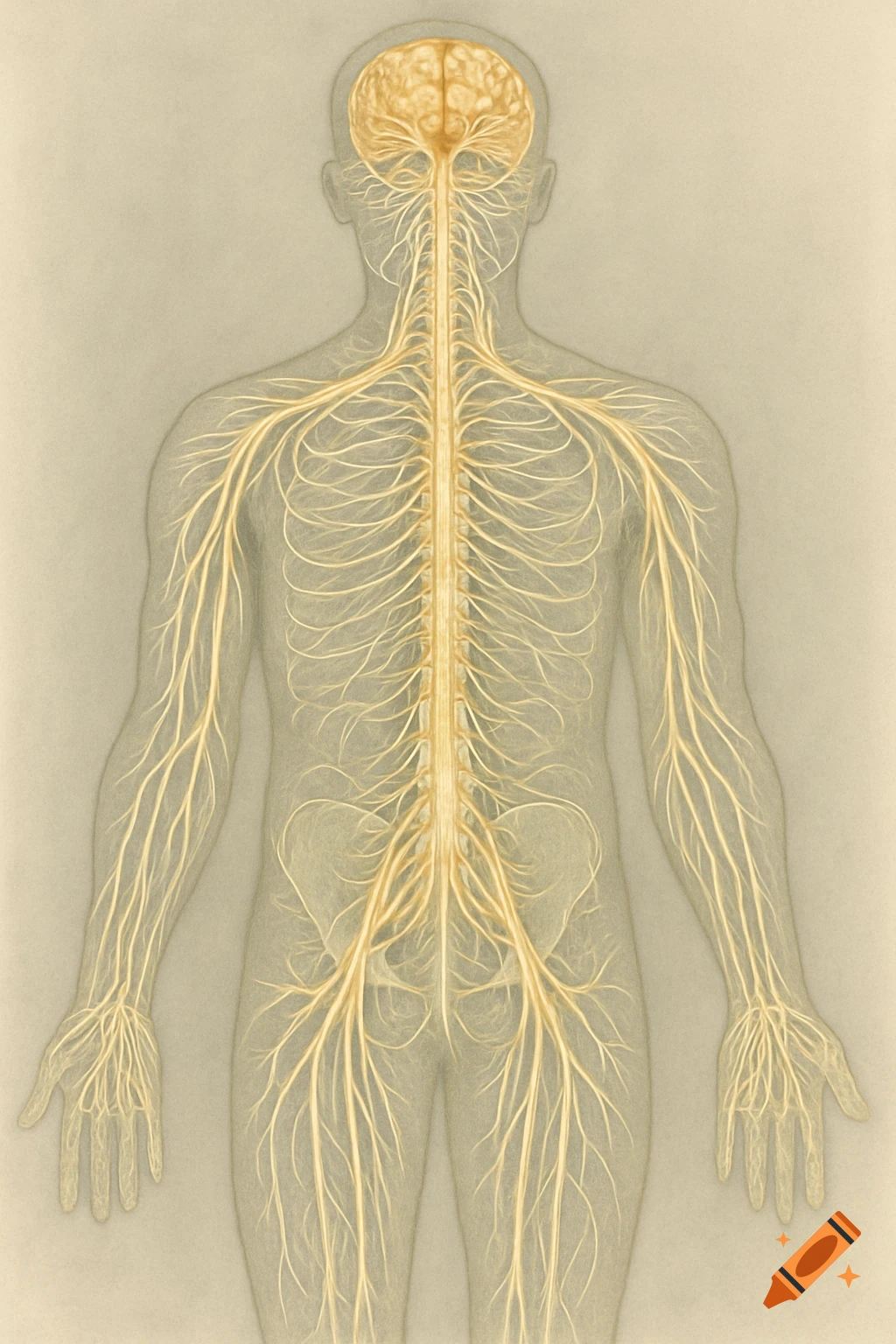 Anatomical drawing of the human nervous system from the back, showing the brain, spinal cord, and peripheral nerves.