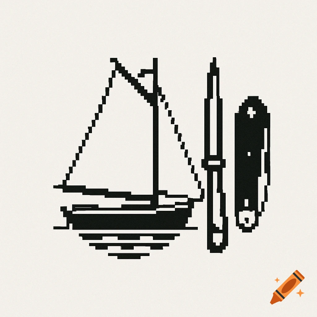 A monochrome pixel art logo featuring a lug-rig sailboat, a marlin spike, and a sailor's knife.