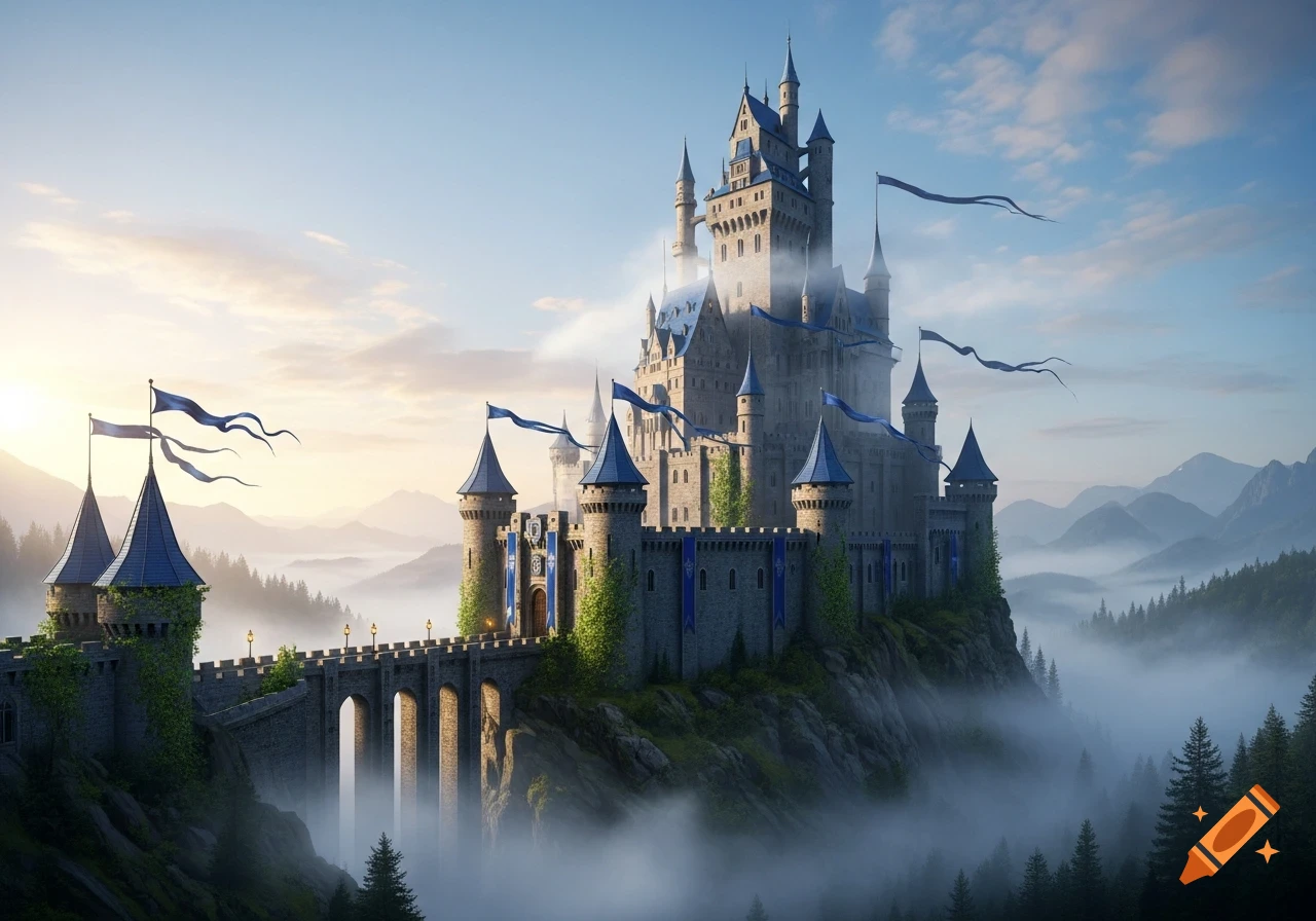 A majestic fantasy castle with blue banners stands on a misty cliff, connected by a stone bridge at sunrise.