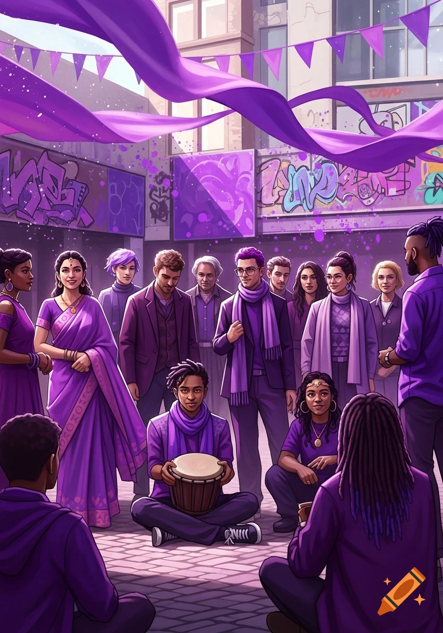 A diverse group of people dressed in purple gather in an urban square with graffiti, one person playing a drum.