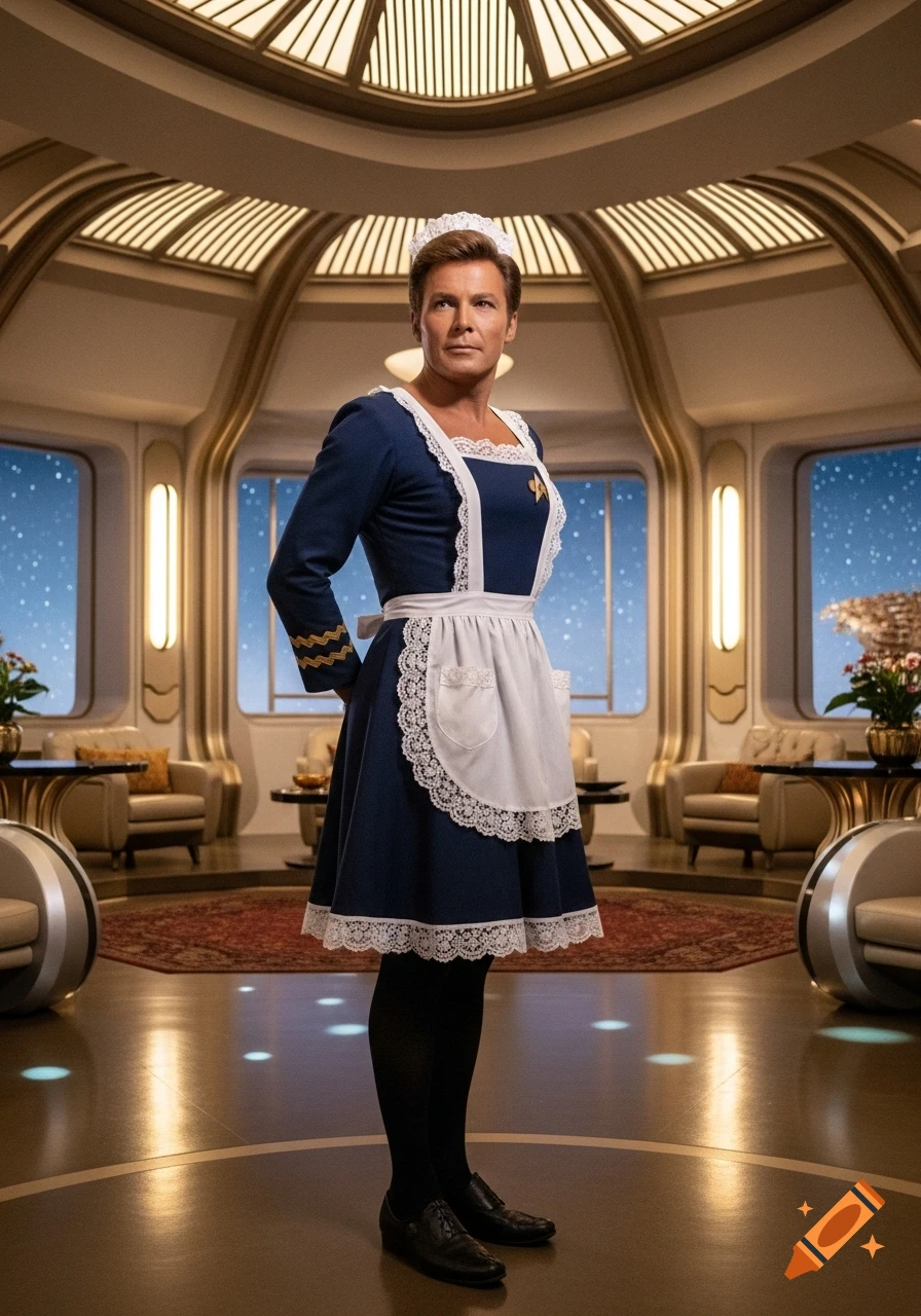A man resembling Captain Kirk in a blue maid uniform with white lace and apron, standing in a futuristic space interior.