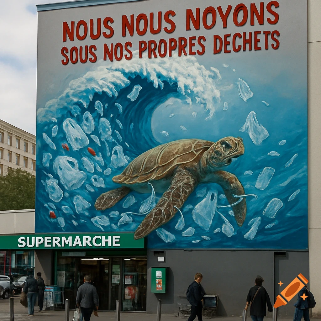 A large mural on a building depicts a sea turtle struggling amidst a wave of plastic waste, with text above reading "NOUS NOUS NOYONS SOUS NOS PROPRES DECHETS". Below, people walk past a supermarket entrance.