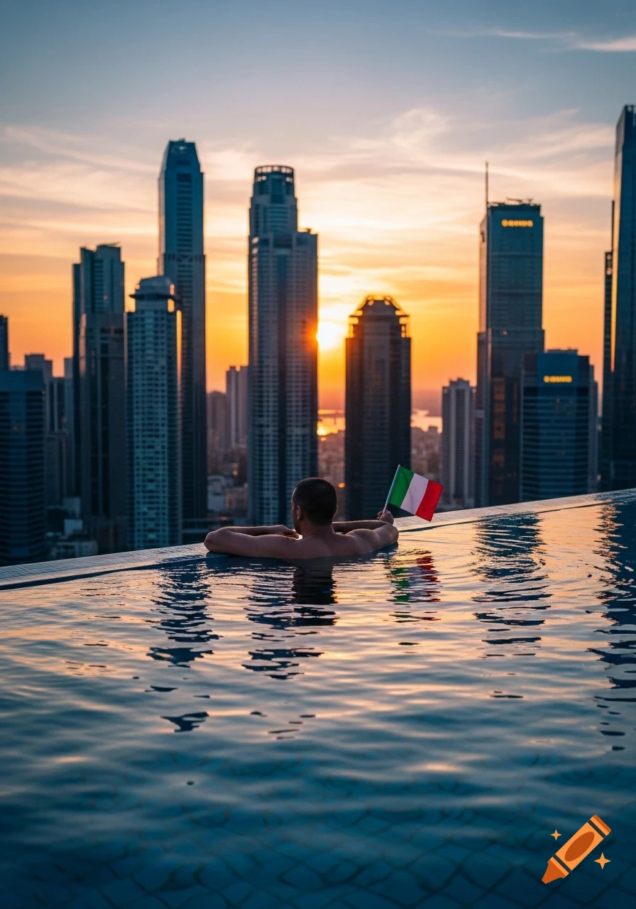 A man in an infinity pool overlooking a city skyline at sunset holds a small Italian flag.