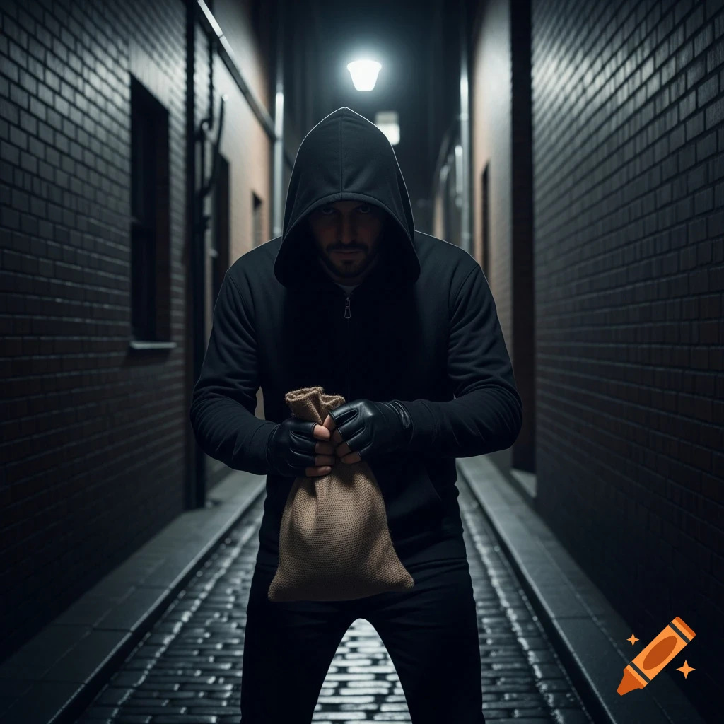 A hooded figure in a dark alley holds a burlap sack, lit from above.