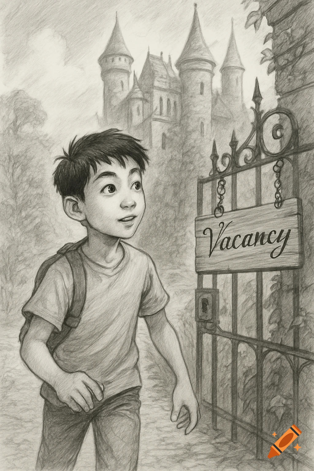 A curious boy with a backpack looks at a 'Vacancy' sign on a gate leading to a mysterious castle in a black-and-white sketch.