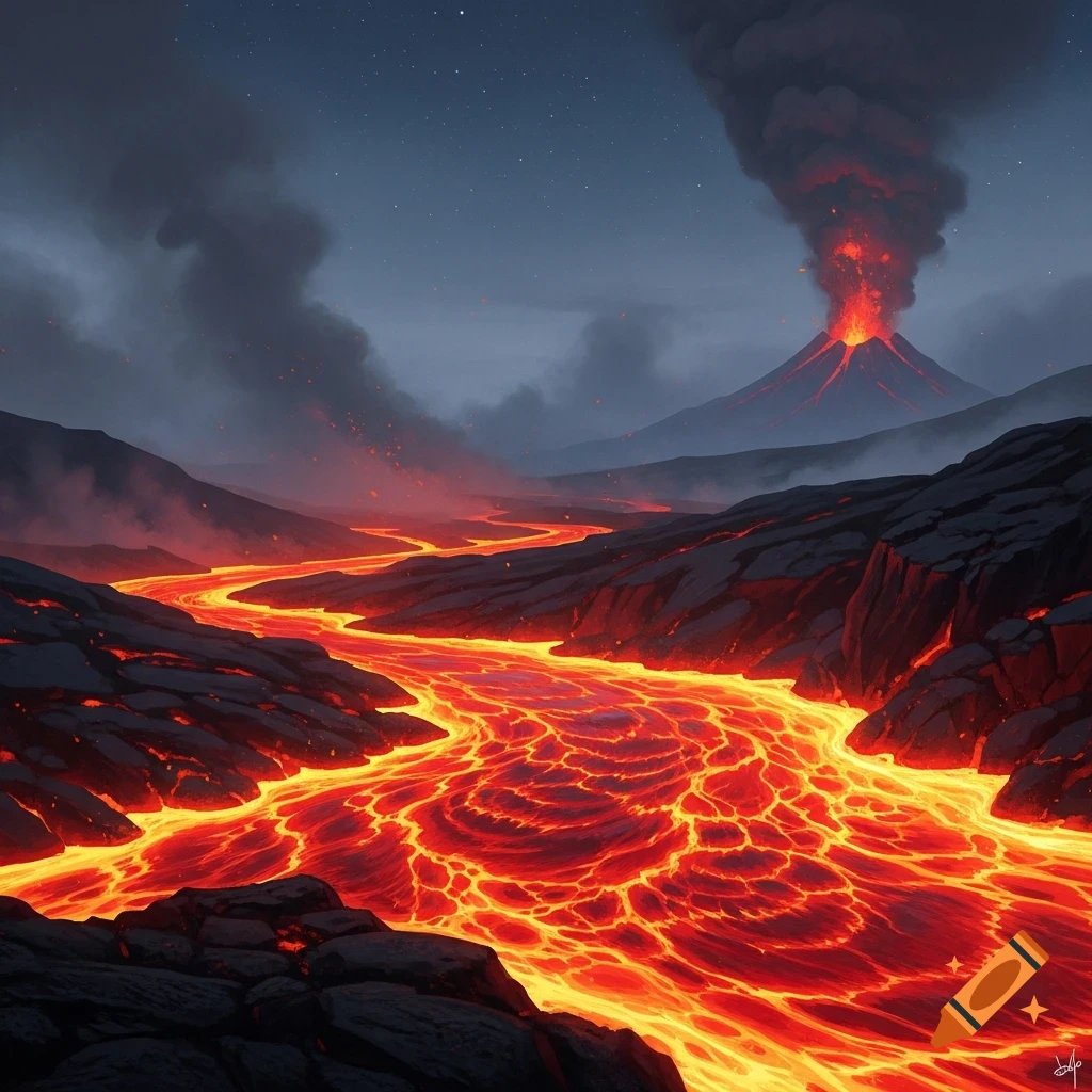 A dramatic landscape with a river of glowing lava flowing through dark rocks under a starry sky, an erupting volcano in the distance.