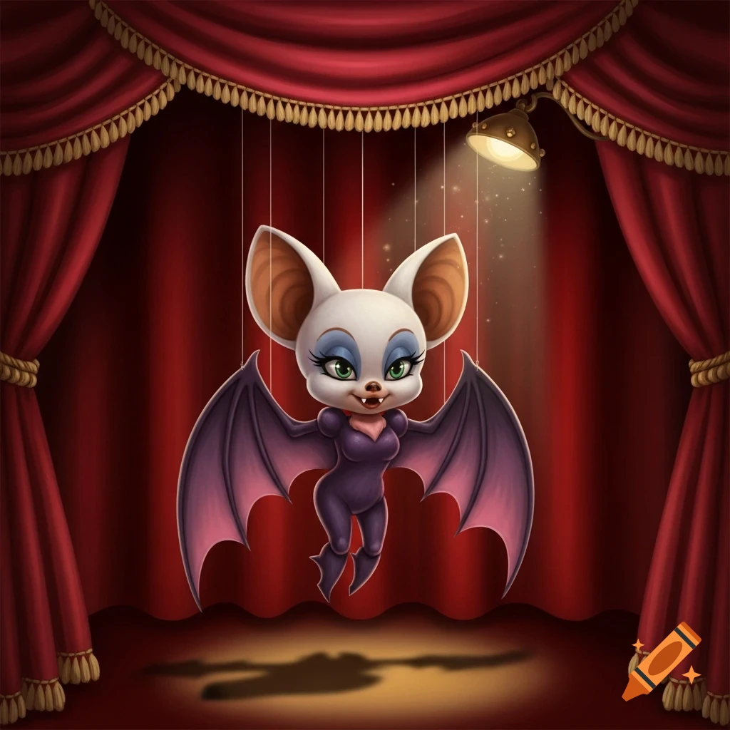 A cute cartoon bat character, resembling Rouge the Bat, as a puppet on strings on a red velvet stage with a spotlight.
