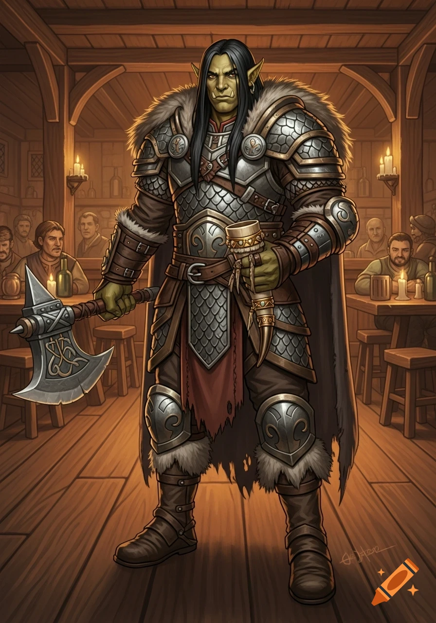 A half-orc warrior in scaled armor with a fur mantle stands in a tavern, holding a battleaxe and a drinking horn. Fantasy illustration.