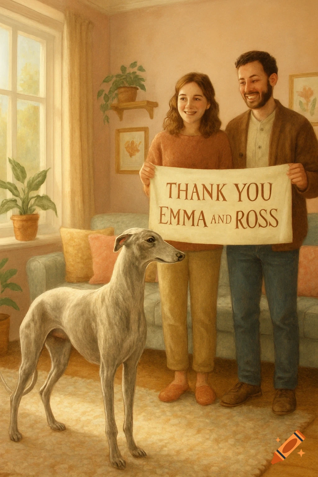 A man and woman hold a 'Thank You Emma and Ross' banner in a home, with a greyhound standing in the foreground.