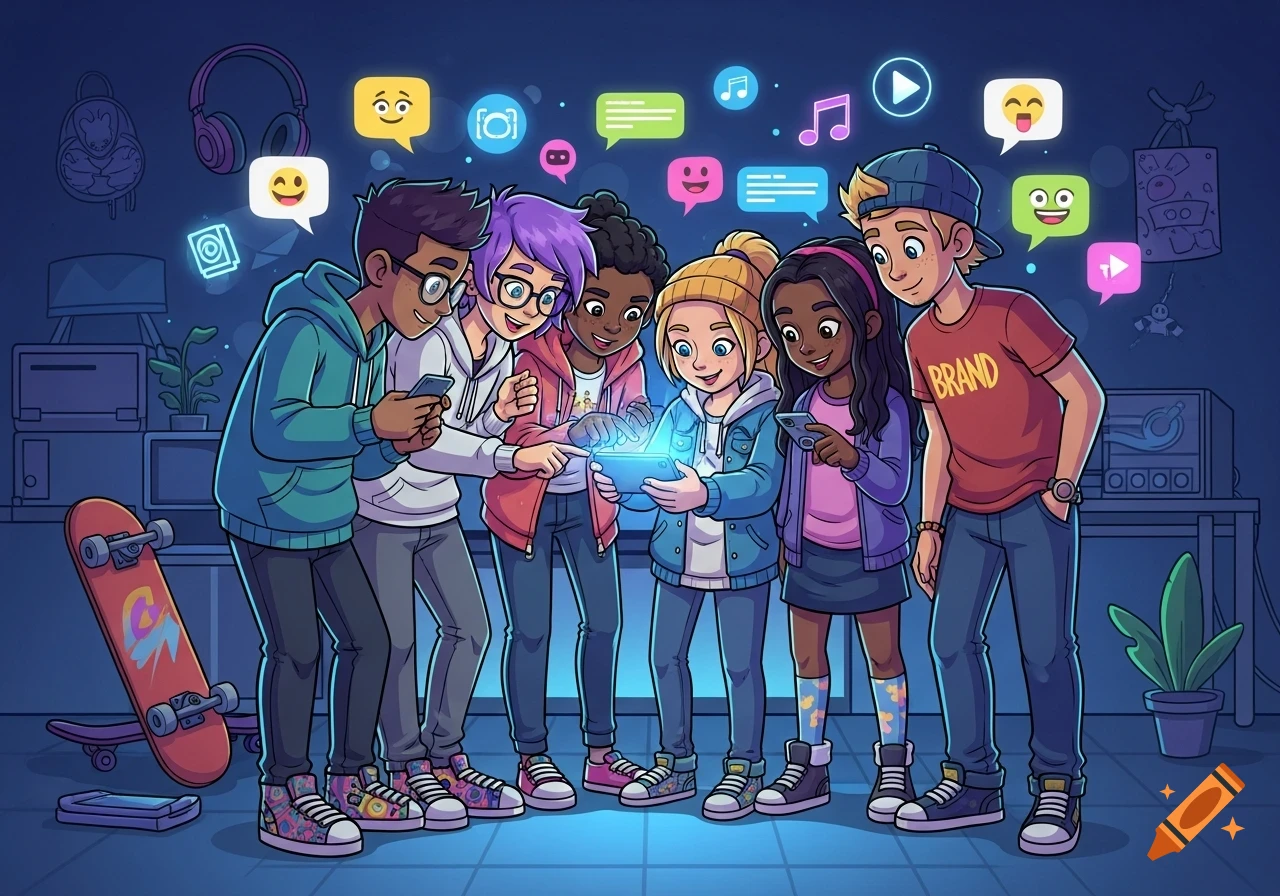 A group of diverse cartoon teenagers engaging with smartphones and a tablet, surrounded by glowing social media icons in a dark room.