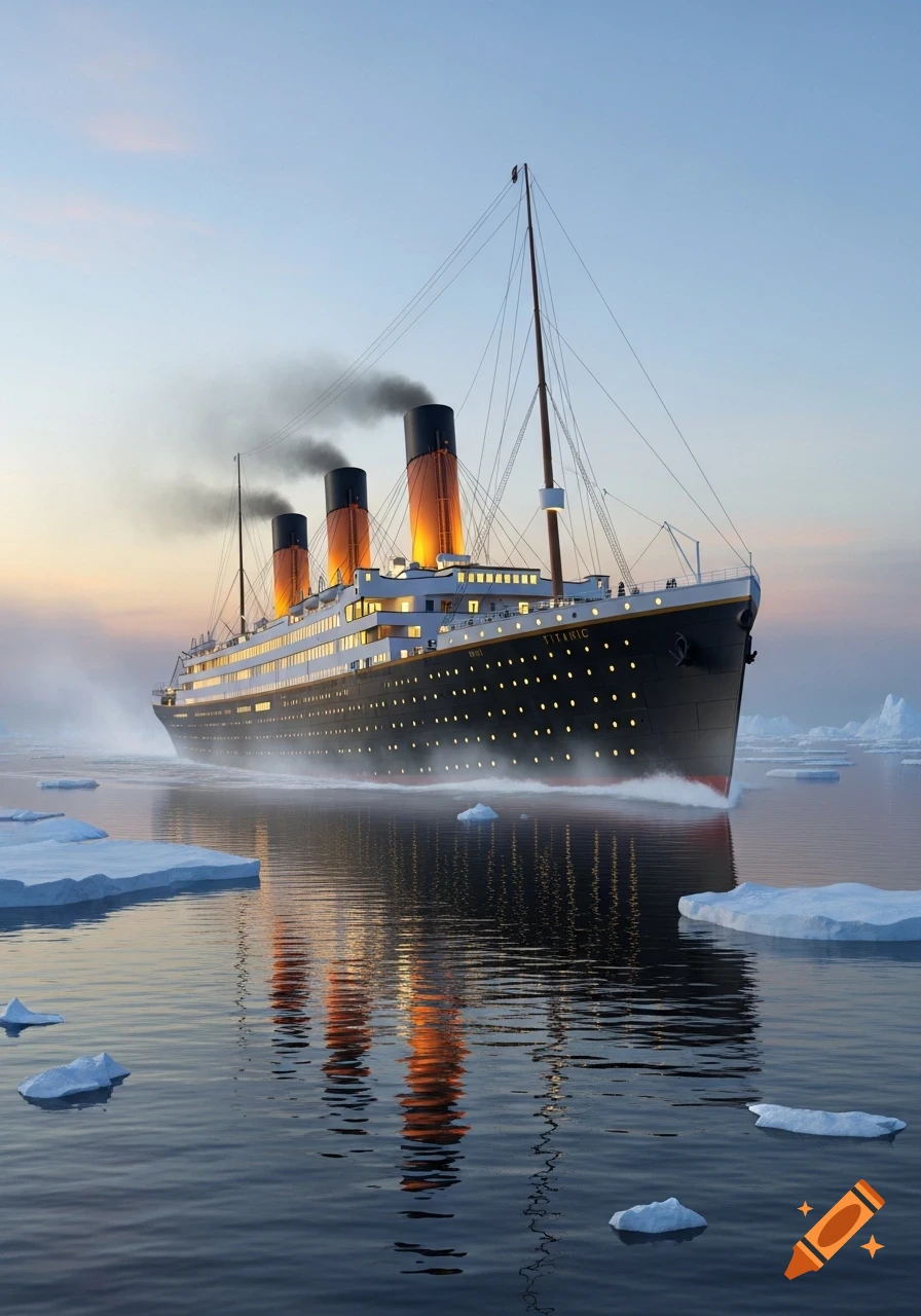 A detailed, photorealistic rendering of the Titanic ocean liner sailing through an icy sea at dawn, with smoke billowing from its funnels.