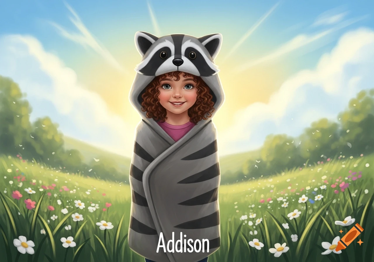 A smiling cartoon girl named Addison in a raccoon blanket stands in a sunny field of flowers.