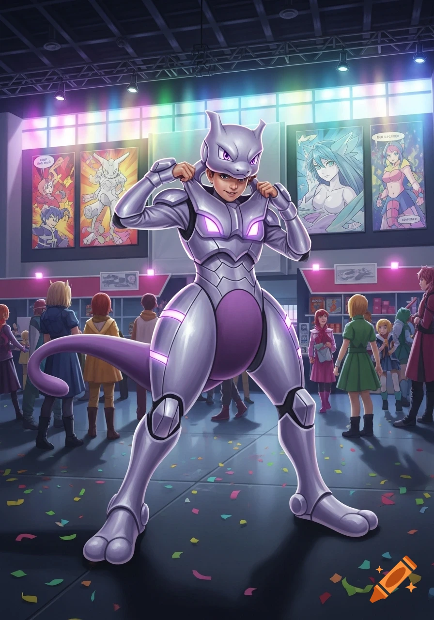 A boy in a detailed, silver and purple Mewtwo costume adjusting his mask at a fan convention with other attendees and posters in the background. Digital art style.