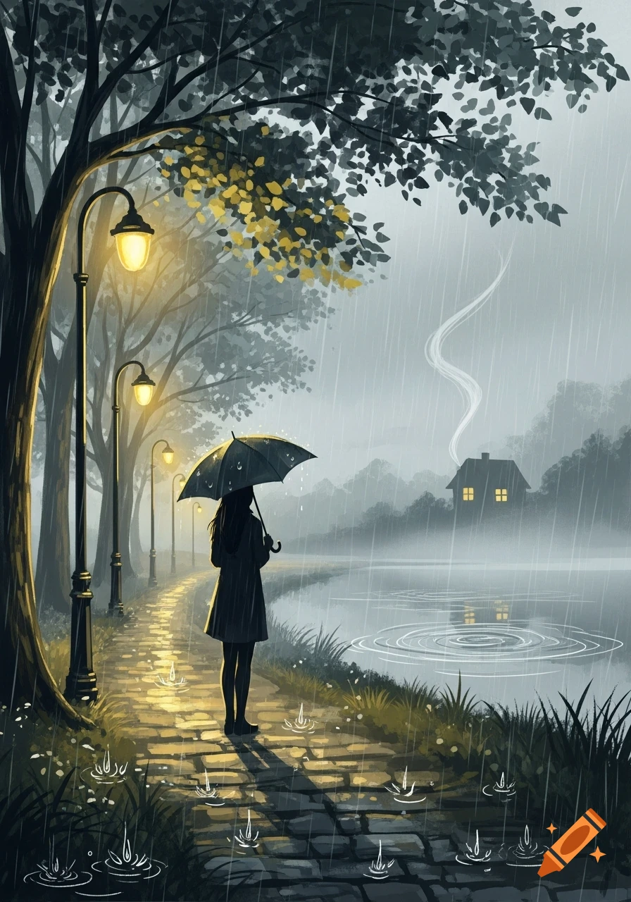 Digital illustration of a lone figure holding an umbrella walking on a rainy, cobblestone path lit by streetlights, with a house by a lake in the distance.
