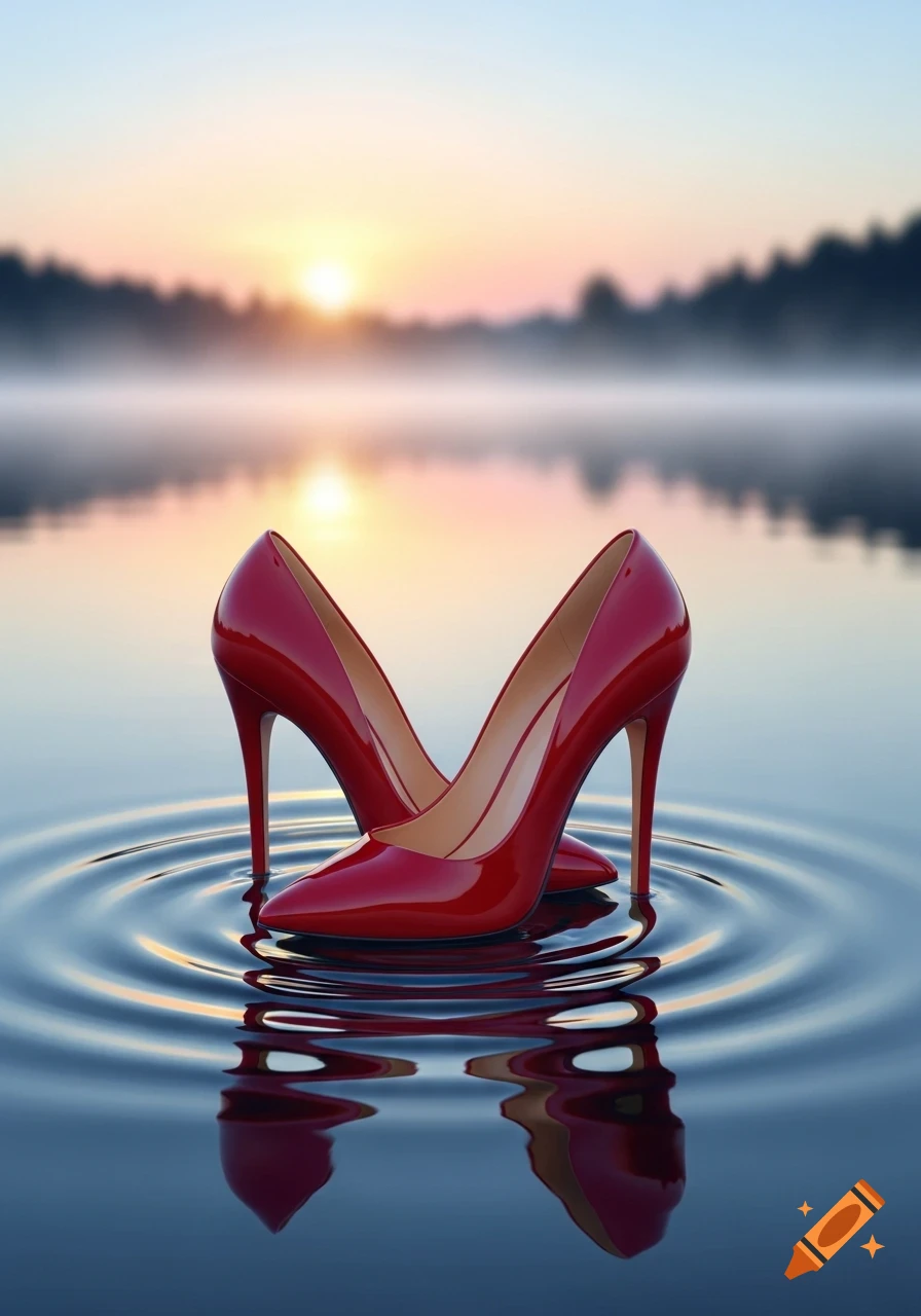 Glossy red high heels stand in rippling water at sunrise, with a misty forest background.