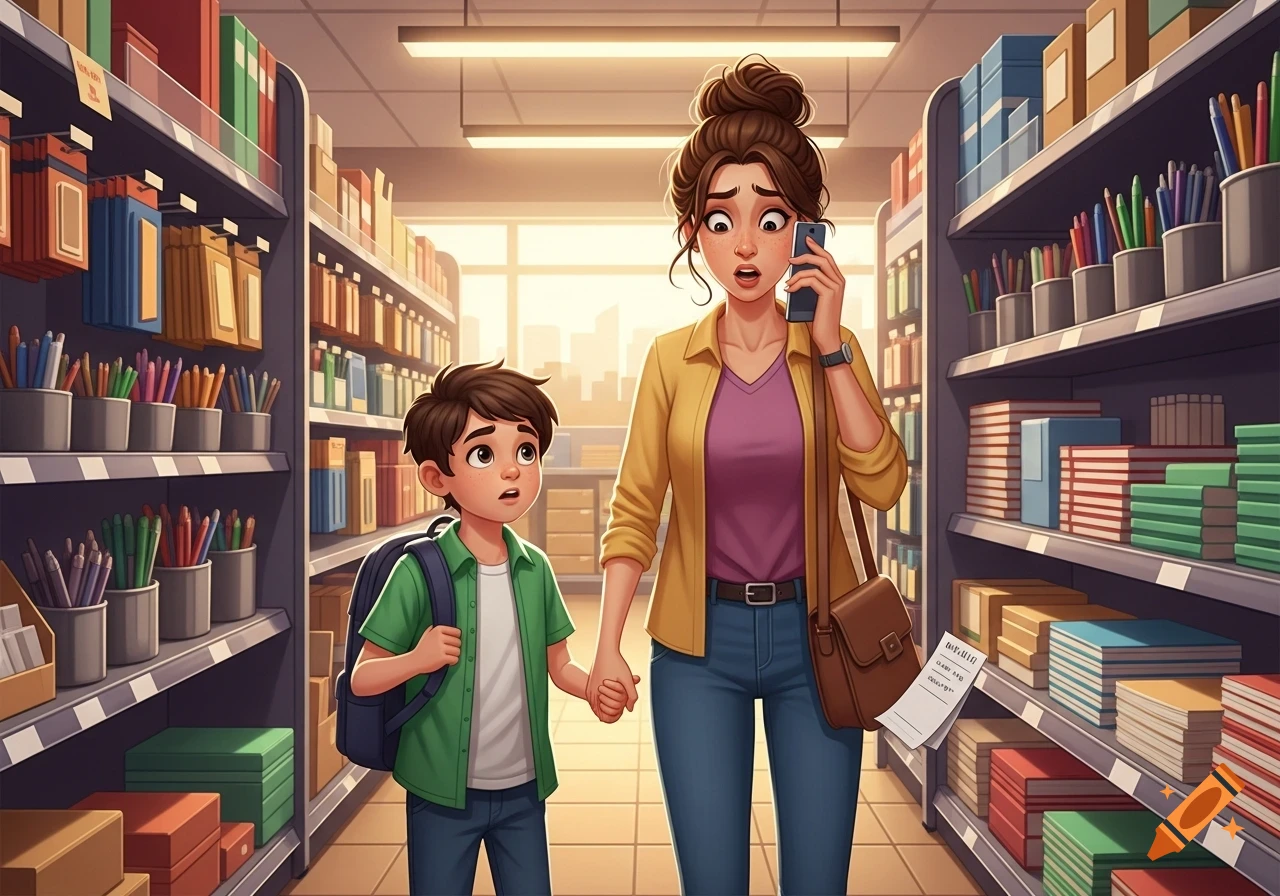 Cartoon of a stressed mother on the phone holding her son's hand in a school supplies store aisle.