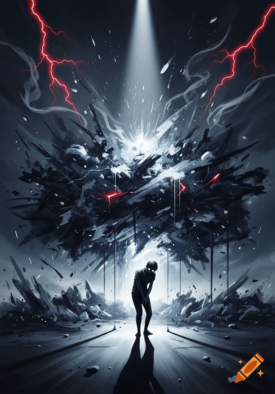 A lone figure stands hunched amidst a chaotic explosion of dark energy, bright light, and red lightning in a stylized illustration.