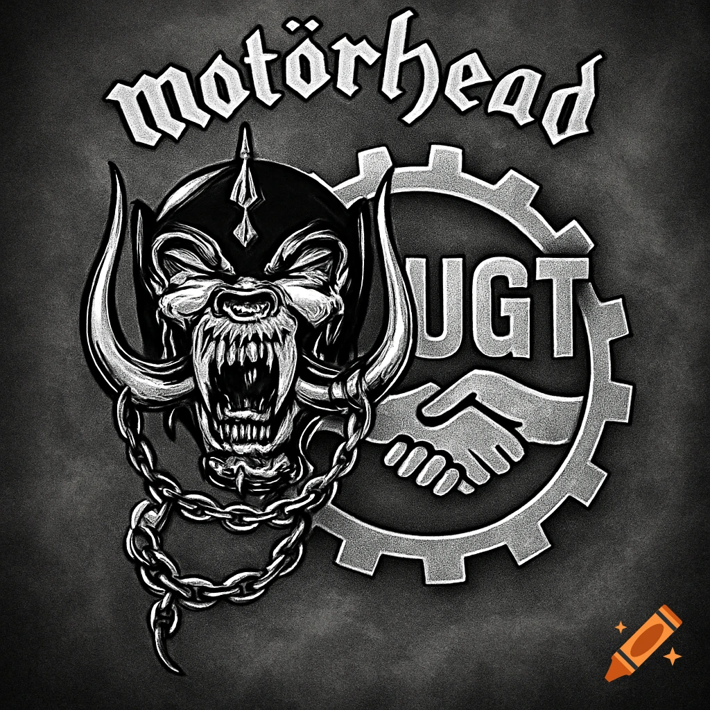 Monochromatic combined logo of Motörhead's 'War Pig' skull and a UGT gear with shaking hands.