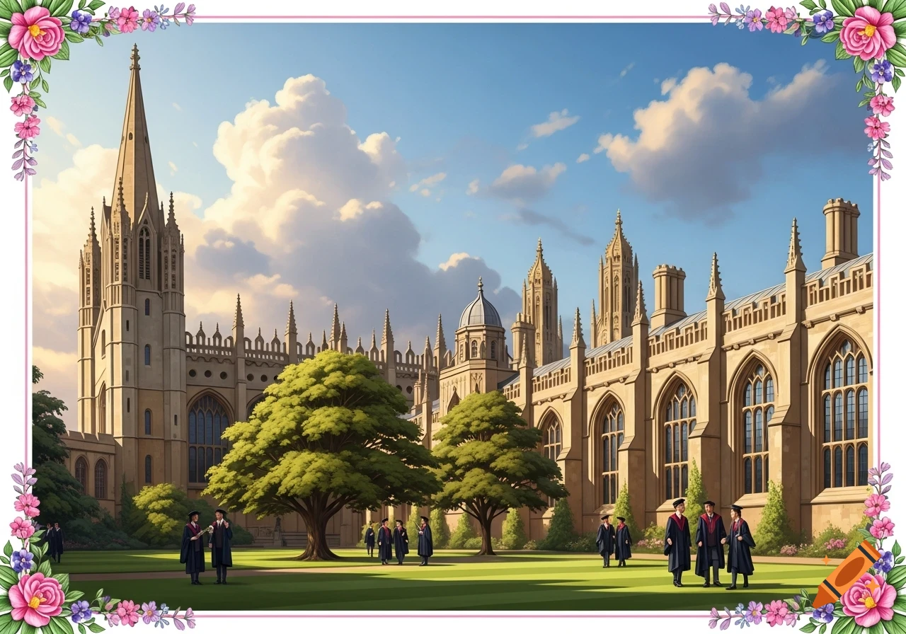 A picturesque Gothic university campus with a tall spired building, students on a green lawn, framed by a floral border.