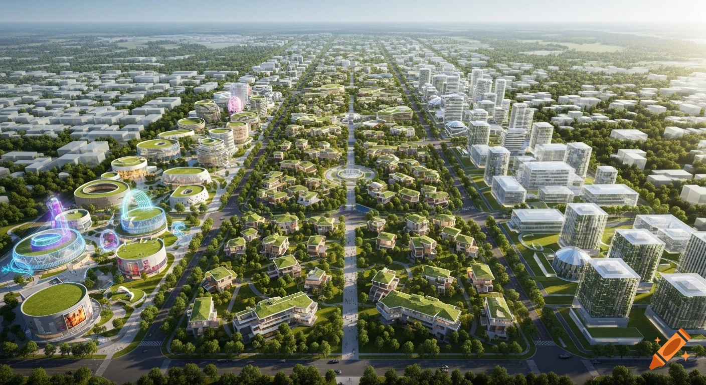 An aerial view of a sprawling, utopian futuristic city with diverse eco-modern buildings, green spaces, and glowing structures.