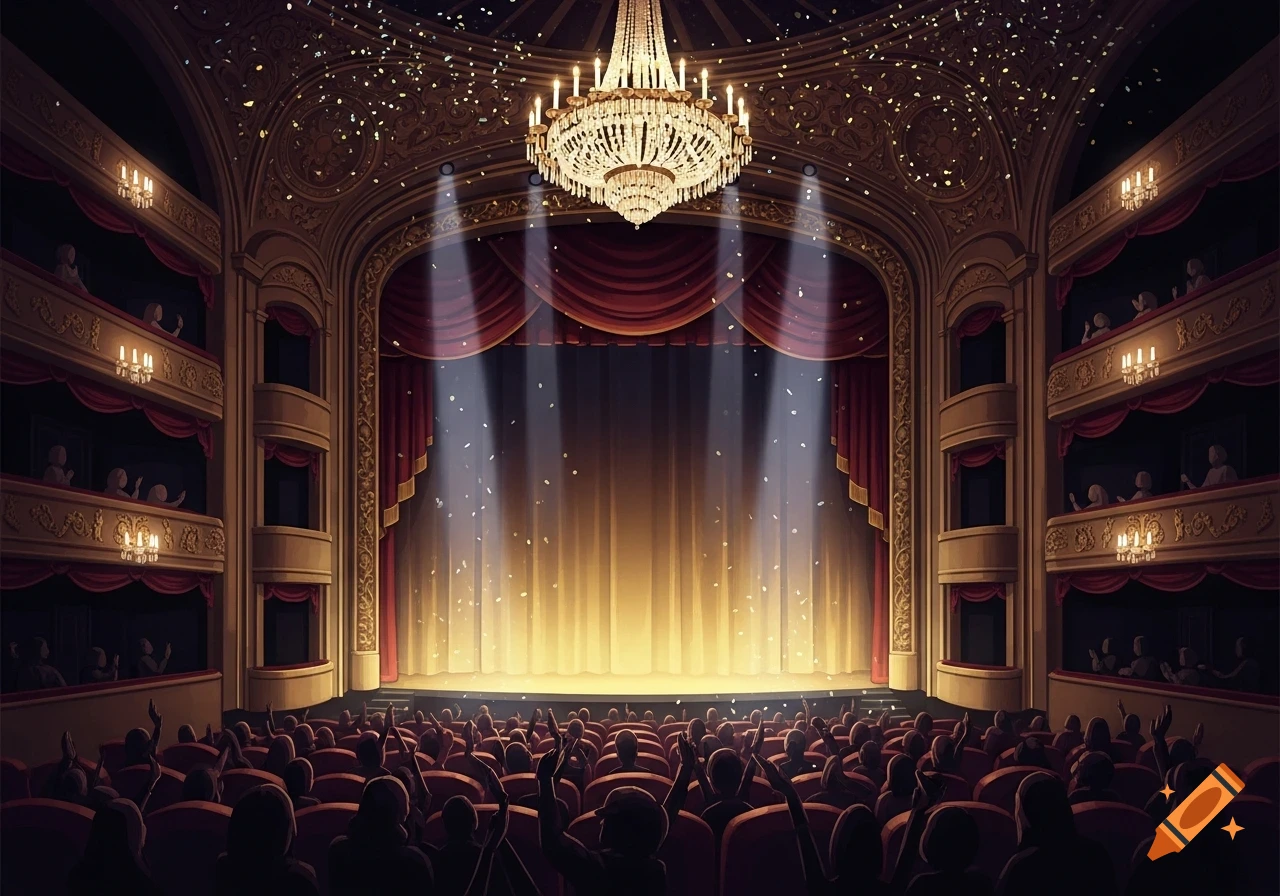 A grand theatre interior with a spotlighted stage, red curtains, a crystal chandelier, and a silhouetted audience with confetti falling.