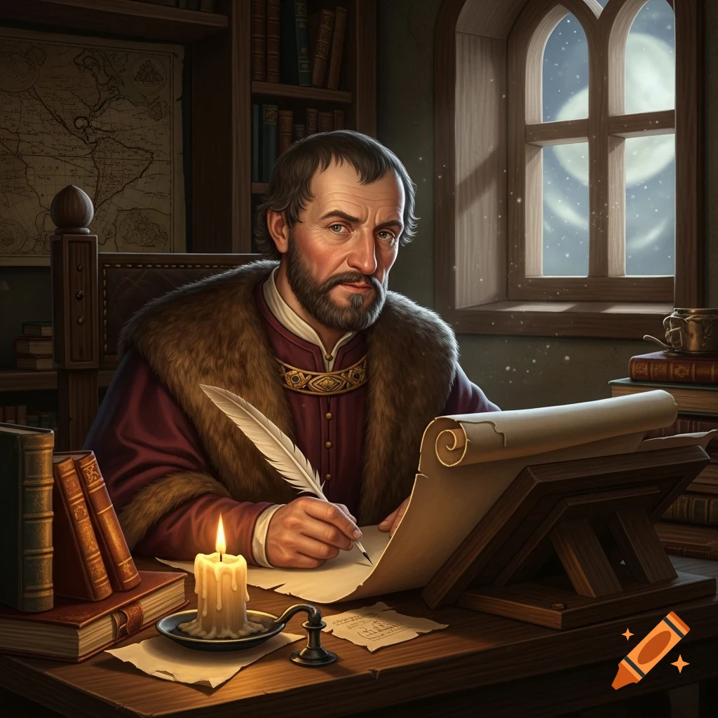 A bearded man in a fur-trimmed coat writes with a quill on a scroll in a dimly lit, book-filled study.