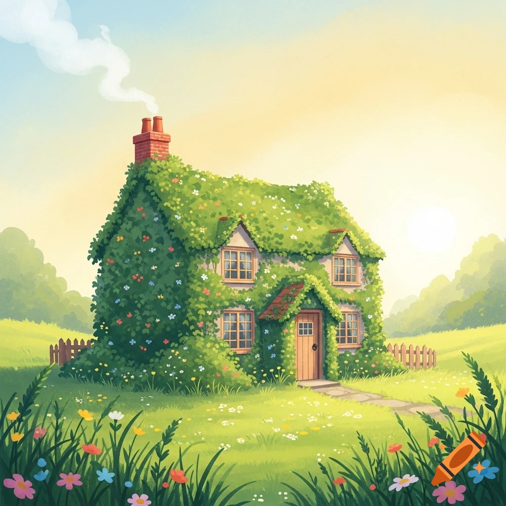 A whimsical, vine-covered cottage with colorful flowers in a sunny, green field with a wooden fence. Illustration.