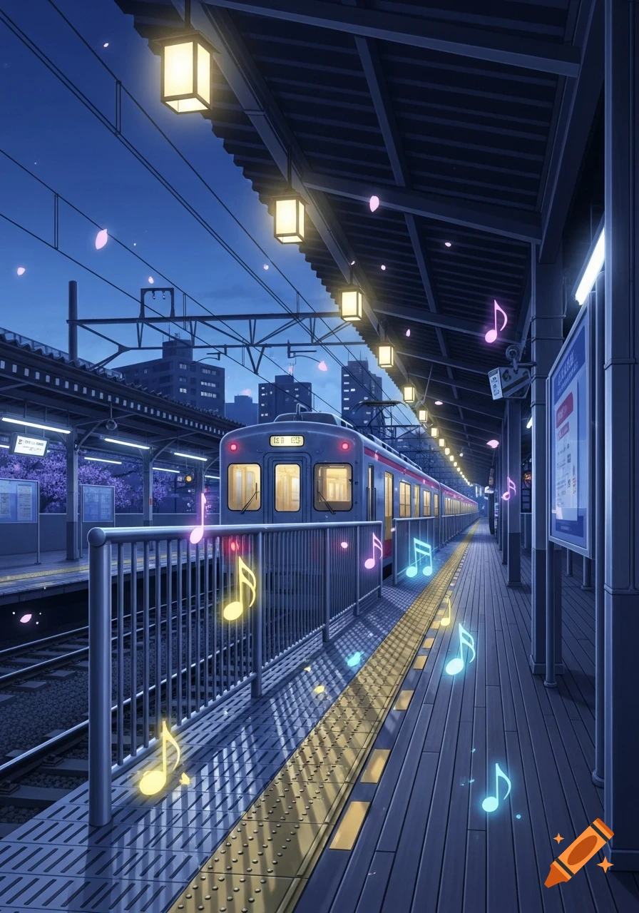 Anime style train station at dusk with a train on the tracks, illuminated lamps, and glowing musical notes floating on the platform.