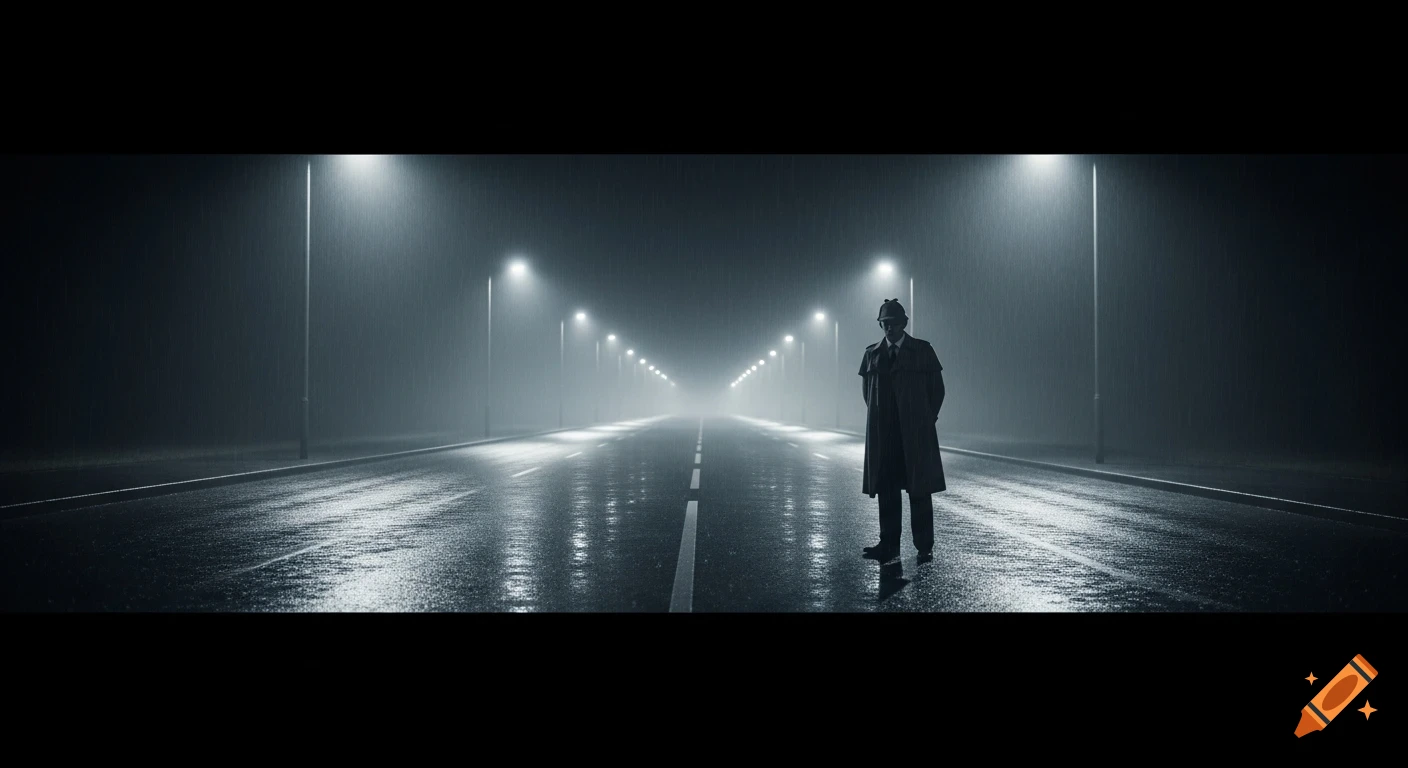 A lone man in a trench coat and fedora stands on a wet, rainy city street lit by streetlights, in a moody film noir style.