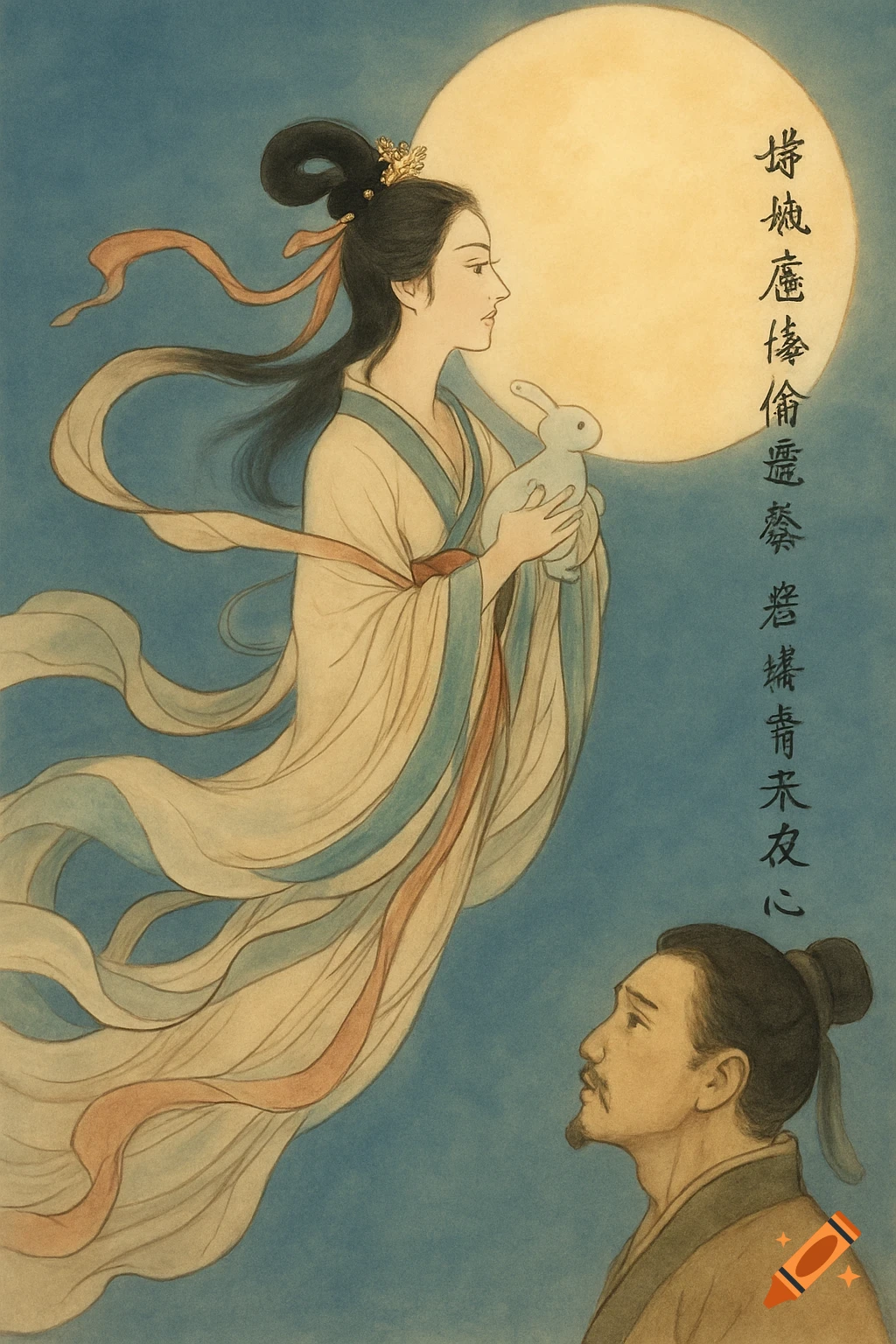 Chang'e, in flowing robes, holds a jade rabbit flying towards the moon, looking at Houyi below, in a classical Chinese art style.