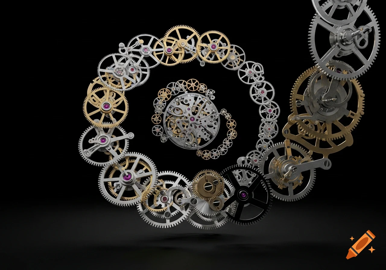 Close-up of numerous silver and gold watch gears and components arranged in a spiral, floating against a black background.