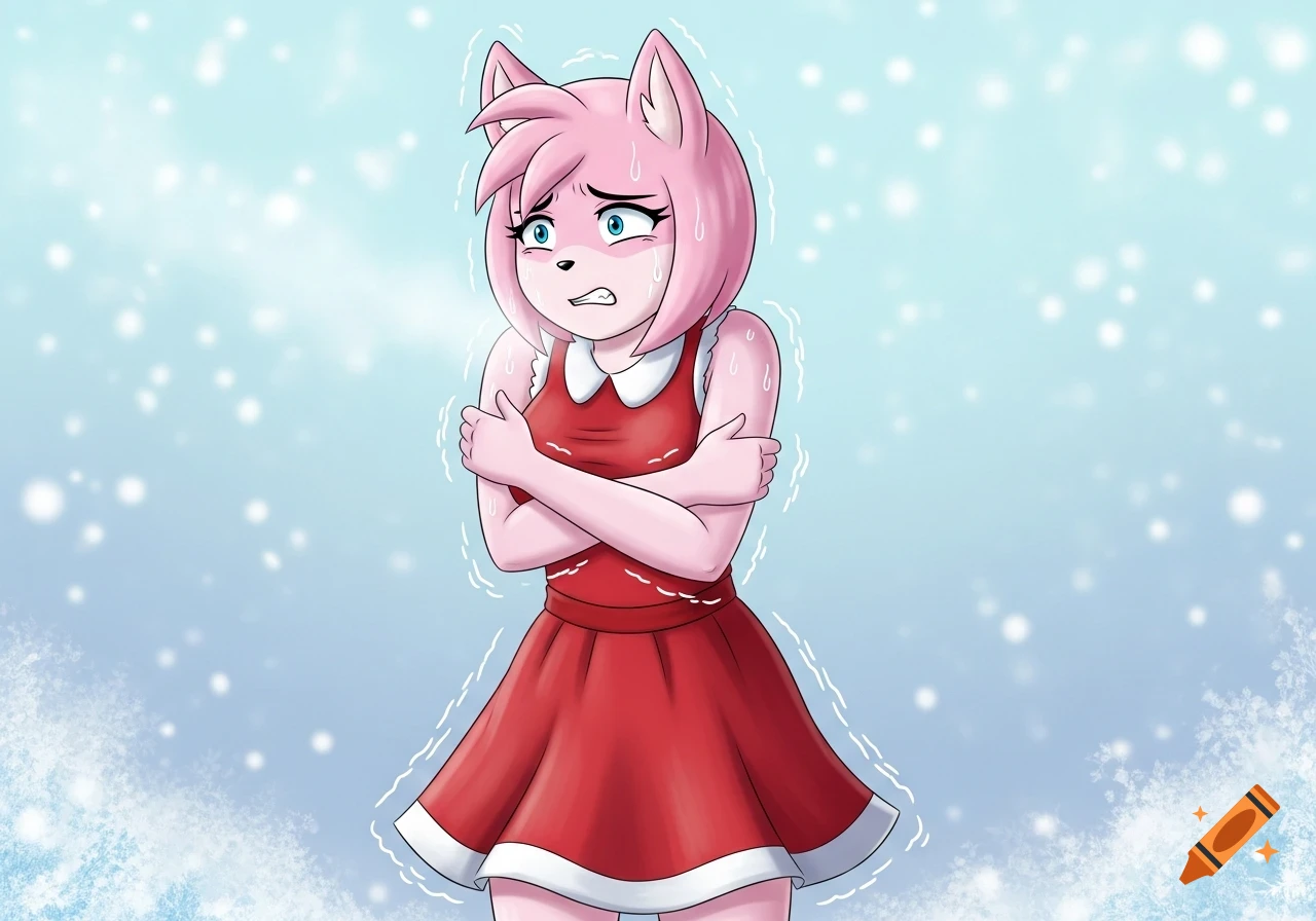 Amy Rose, a pink hedgehog in a red dress, shivers with her arms crossed ...