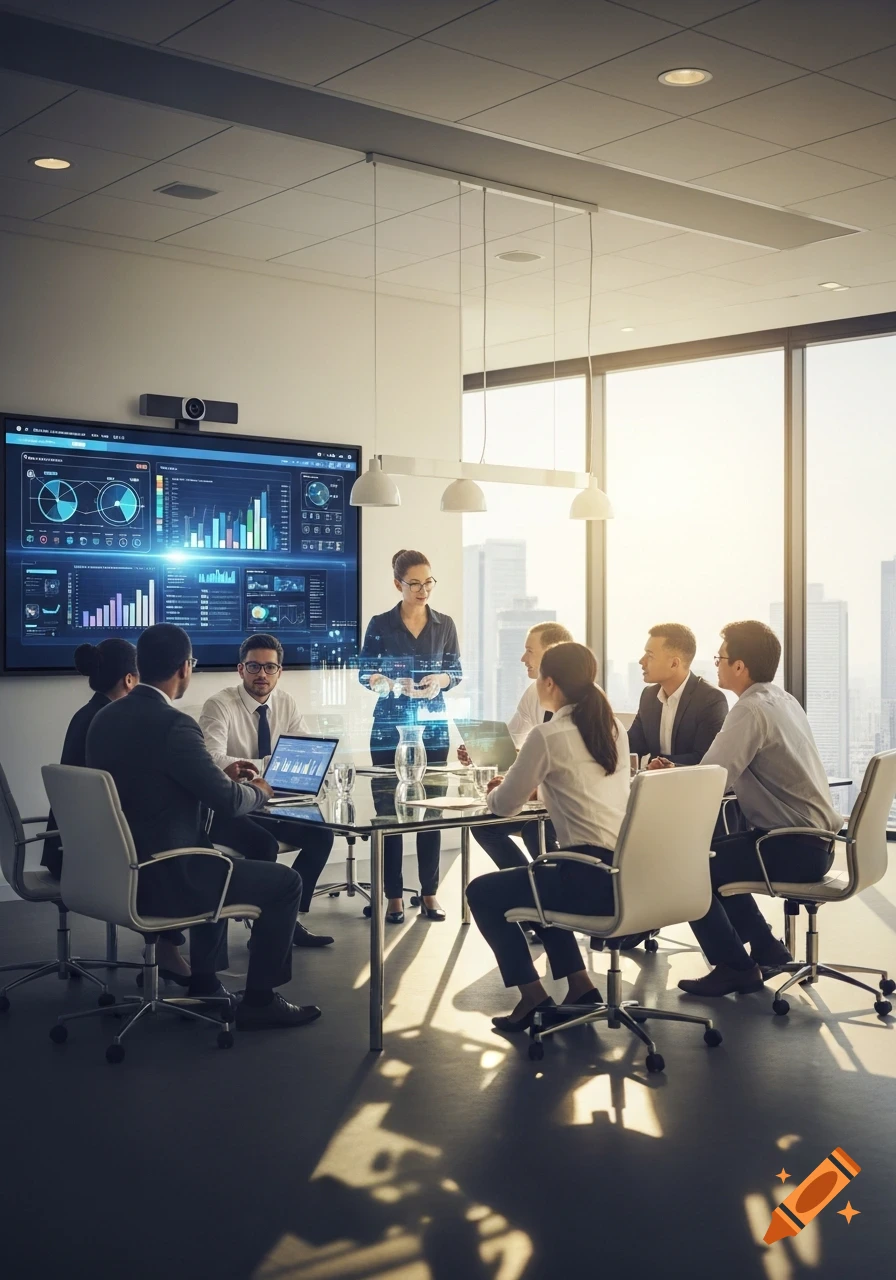 Photorealistic image of a business meeting with a woman presenting in front of a large screen displaying data charts.