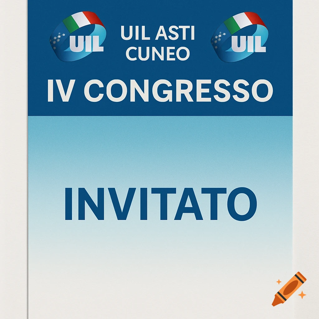 A congress badge design with a dark blue top section and a light blue gradient bottom section. Text reads "UIL ASTI CUNEO", "IV CONGRESSO", and "INVITATO". Logos for UIL are on the top.