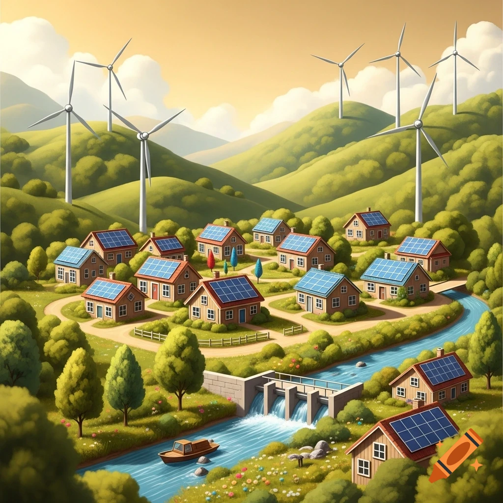 A cartoon village in a green, hilly landscape with houses featuring solar panels, multiple wind turbines, a river with a dam, and a small boat.