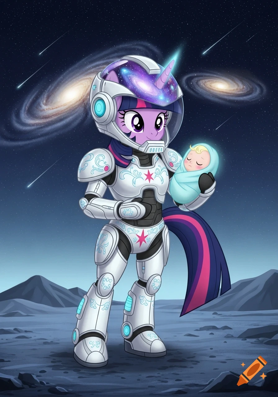 Twilight Sparkle in white robot armor and astronaut helmet, holding a baby on a desolate planet with galaxies and shooting stars.