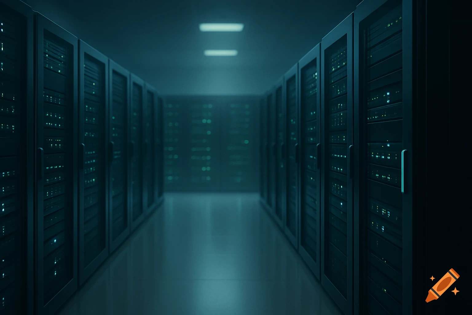 Dark server room with rows of glowing server racks.