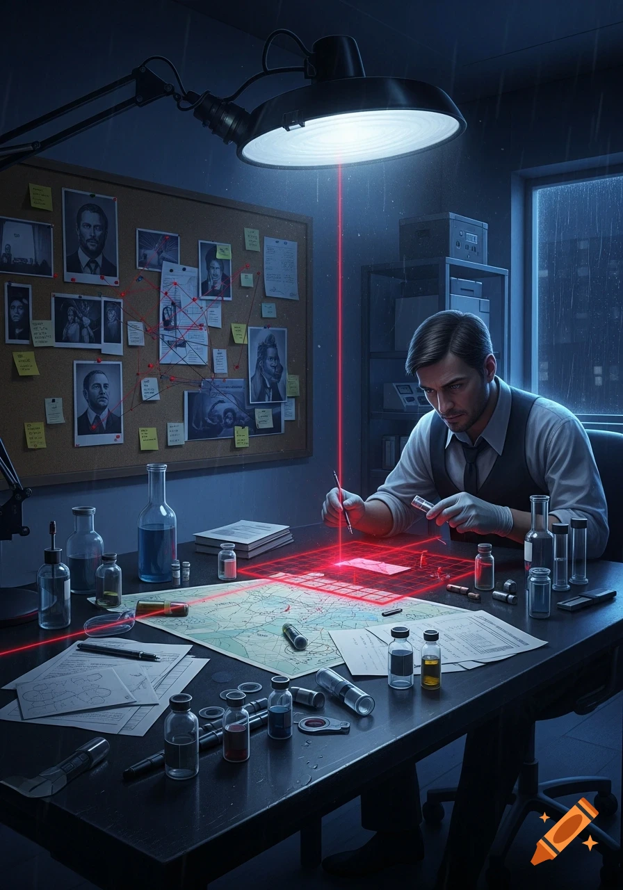 A man in a vest and gloves meticulously examines a map with a red laser grid, surrounded by scientific vials and papers under a desk lamp in a dark office on a rainy night. A corkboard behind him is covered with photos and connected by red strings.