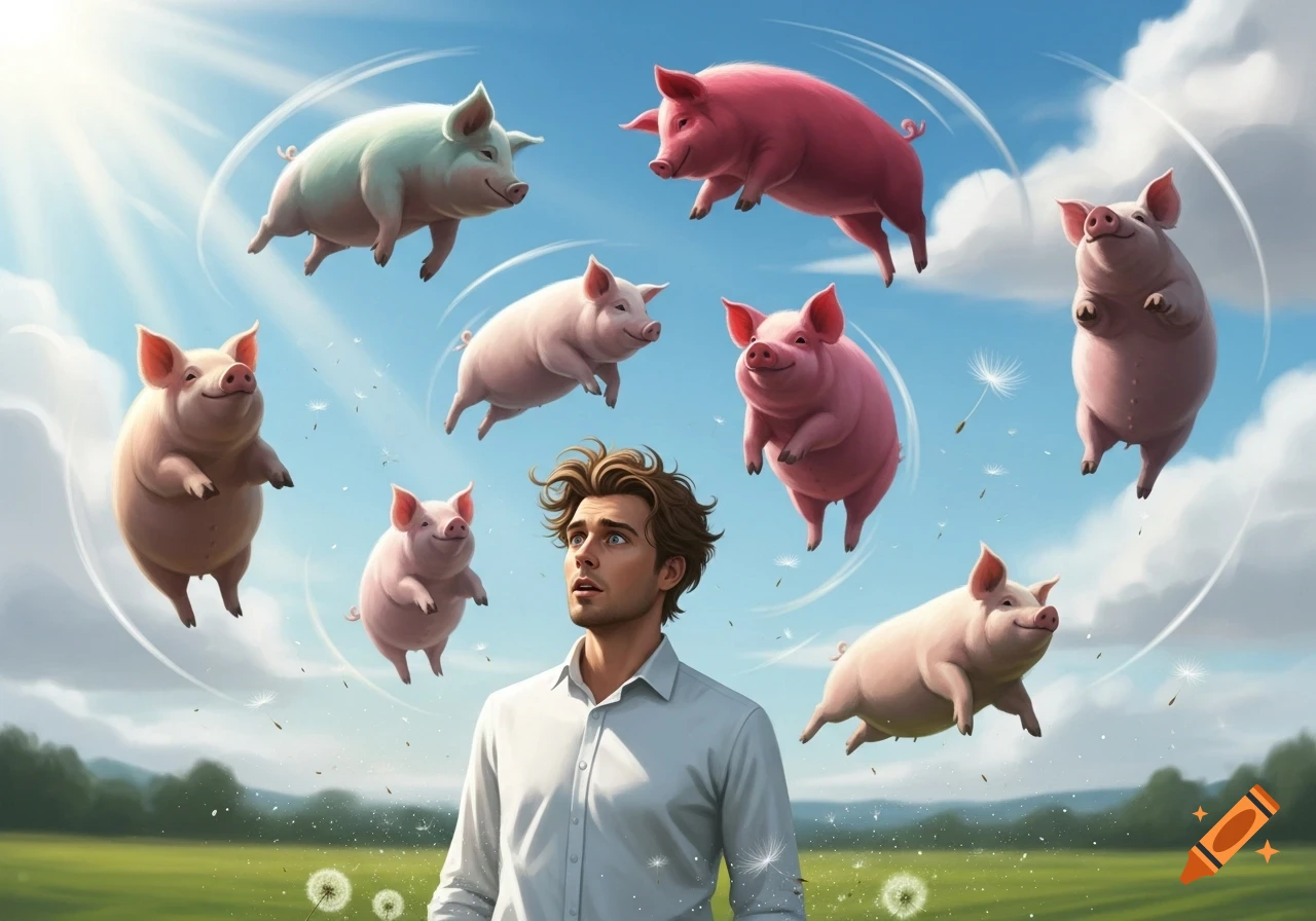 A man in a white shirt looks up in surprise at several happy pigs flying in a sunny blue sky above a green field, digital art.